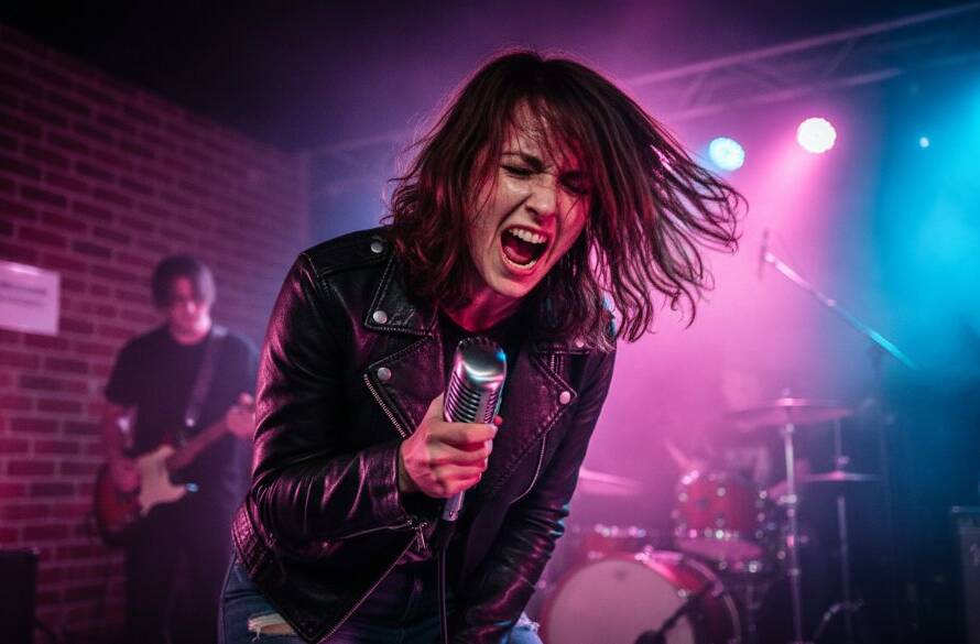 A lead guitarist performing on stage at a local venue in Box Hill North, captured with dynamic concert photography Box Hill North indie band flair, dramatic backlighting, and a crowd silhouetted in awe.