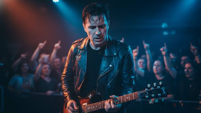 Dynamic concert photography Clayton music scene featuring a lead guitarist in mid-solo, bathed in dramatic stage lights with a blurred, energetic crowd in the background, capturing an epic moment of live music.