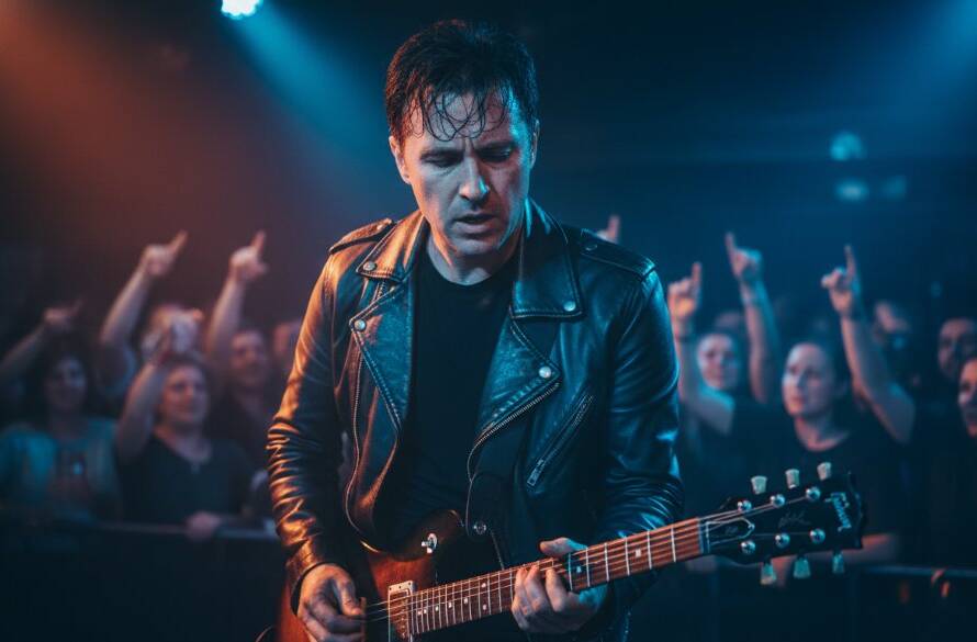 Dynamic concert photography Clayton music scene featuring a lead guitarist in mid-solo, bathed in dramatic stage lights with a blurred, energetic crowd in the background, capturing an epic moment of live music.