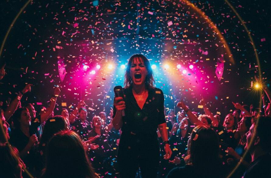 An electrifying, wide-angle shot showcasing dynamic concert photography in Deer Park, Victoria, with a lead guitarist mid-solo on stage, bathed in vibrant magenta and blue stage lights, sweat glistening, crowd cheering in blurred background, conveying immense energy.
