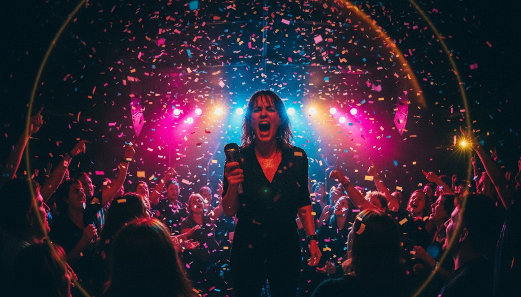 An electrifying, wide-angle shot showcasing dynamic concert photography in Deer Park, Victoria, with a lead guitarist mid-solo on stage, bathed in vibrant magenta and blue stage lights, sweat glistening, crowd cheering in blurred background, conveying immense energy.
