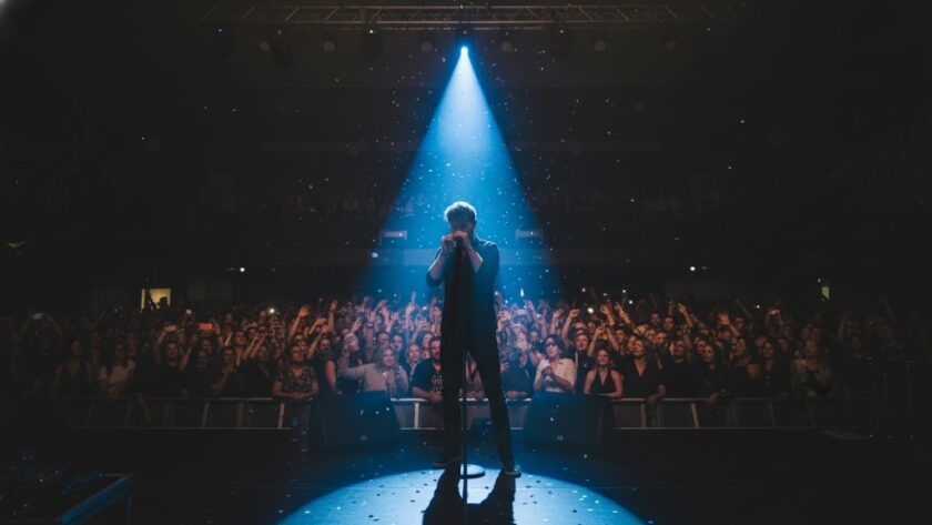 A wide-angle, dramatic shot of a lead guitarist mid-shred under intense stage lights at a vibrant Mount Clear music venue, capturing the immense dynamic concert photography Mount Clear musical energy, with the crowd visible as a blur of adoration in the foreground.