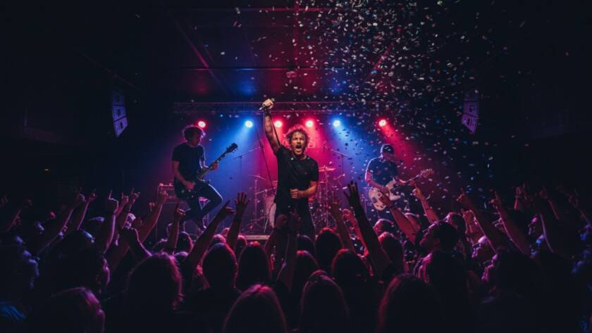A wide shot of a band performing on stage at a bustling local venue in The Basin, Victoria, capturing the dynamic concert photography The Basin spirit, with vibrant stage lights silhouetting the lead singer mid-song, confetti in the air, and an energetic crowd with hands raised, perfectly illustrating an epic moment.