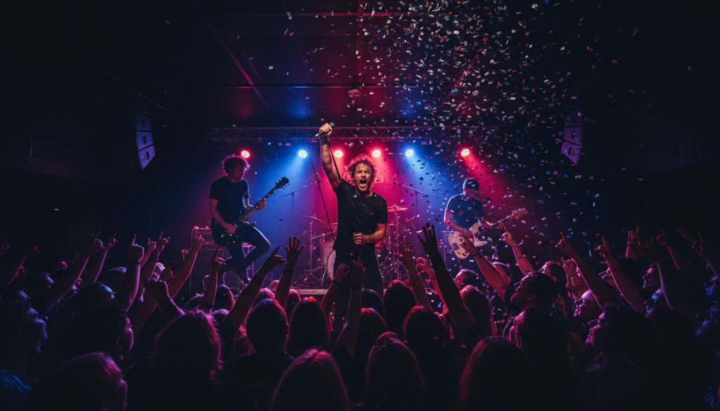 A wide shot of a band performing on stage at a bustling local venue in The Basin, Victoria, capturing the dynamic concert photography The Basin spirit, with vibrant stage lights silhouetting the lead singer mid-song, confetti in the air, and an energetic crowd with hands raised, perfectly illustrating an epic moment.