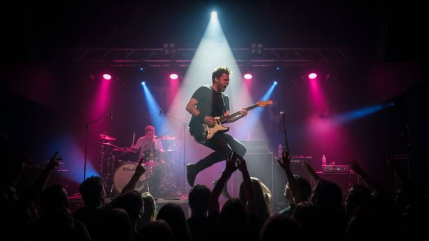 An electrifying close-up of a guitarist mid-solo on stage at a Wantirna venue, bathed in dramatic red and blue stage lights, showcasing the intense energy of dynamic concert photography Wantirna's local music scene, with blurred audience hands in the foreground.