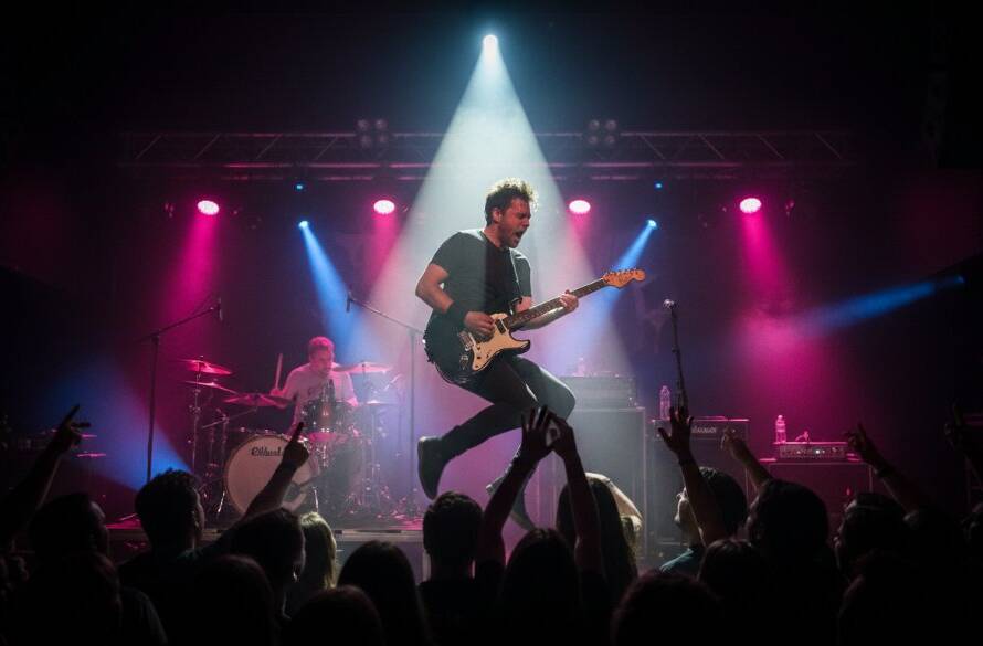 An electrifying close-up of a guitarist mid-solo on stage at a Wantirna venue, bathed in dramatic red and blue stage lights, showcasing the intense energy of dynamic concert photography Wantirna's local music scene, with blurred audience hands in the foreground.