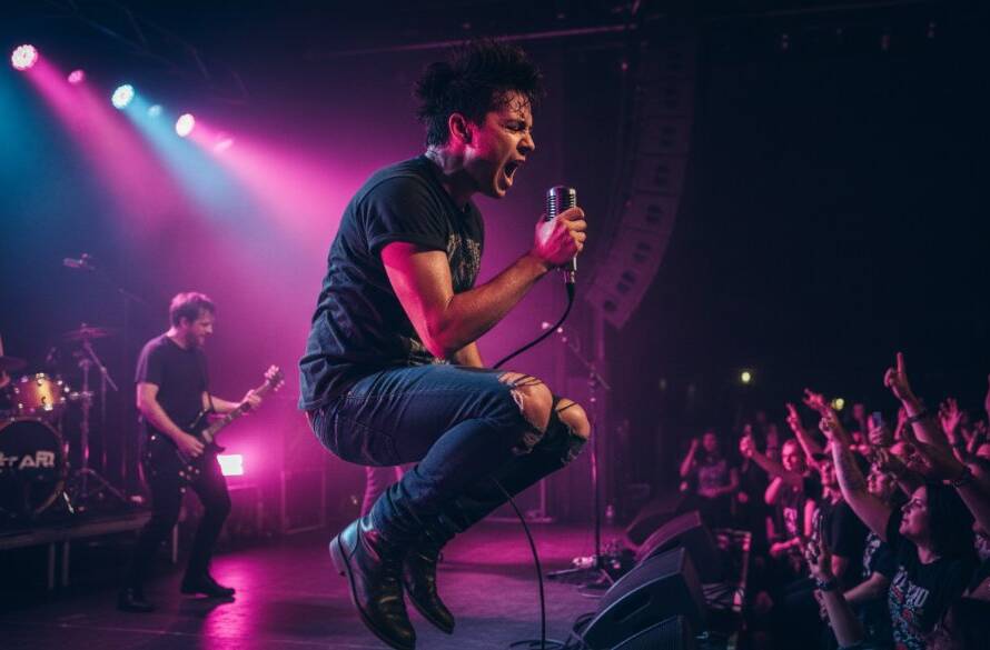 An epic moment of dynamic concert photography Warrandyte South performances, showing a lead singer bathed in dramatic magenta and blue stage lights, with a blurred, energetic crowd in the foreground and hands raised in excitement.