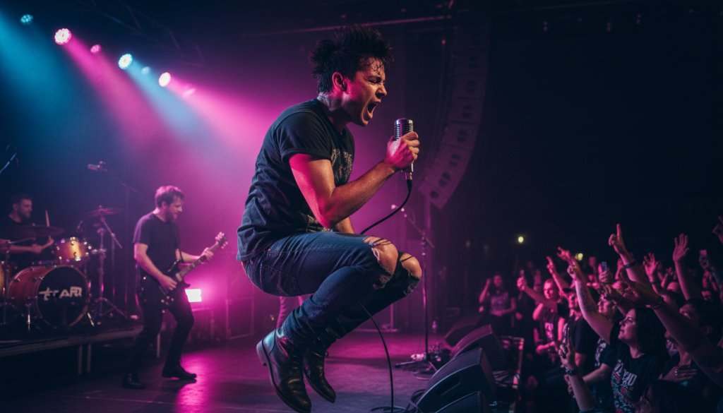 An epic moment of dynamic concert photography Warrandyte South performances, showing a lead singer bathed in dramatic magenta and blue stage lights, with a blurred, energetic crowd in the foreground and hands raised in excitement.