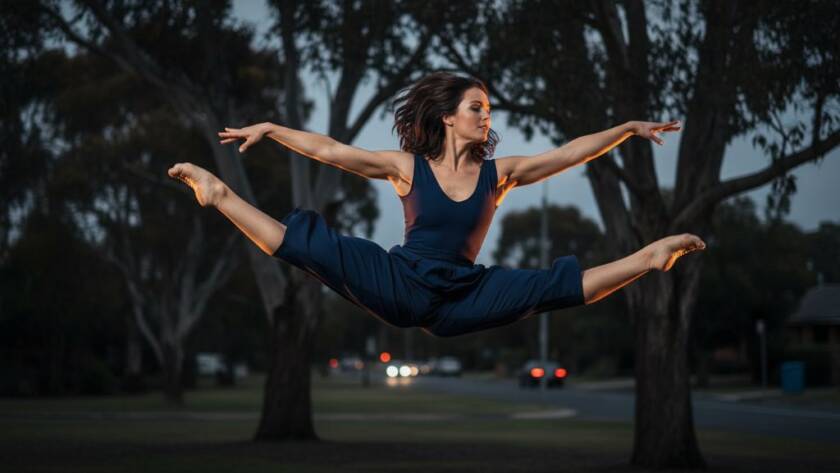 An epic moment of dynamic contemporary dance photography Ashwood, featuring a dancer suspended mid-air in a powerful leap against a dramatically lit dusk backdrop in a quiet Ashwood park, showcasing incredible athleticism and grace with professional colour grading.