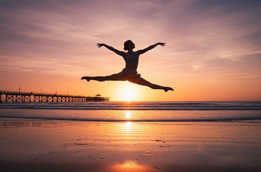 A powerful, epic moment of a dancer performing dynamic contemporary dance photography Bonbeach beach, mid-air with elegant extension, silhouetted against a golden hour sunset over the calm Bonbeach coastline, showcasing incredible strength and artistry.