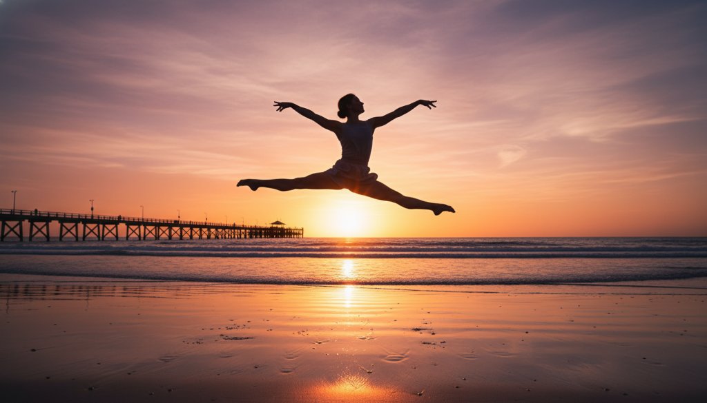 A powerful, epic moment of a dancer performing dynamic contemporary dance photography Bonbeach beach, mid-air with elegant extension, silhouetted against a golden hour sunset over the calm Bonbeach coastline, showcasing incredible strength and artistry.