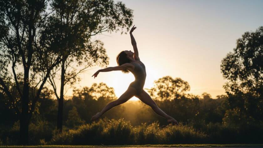 A powerful female contemporary dancer mid-leap, silhouetted against a softly blurred, golden hour backdrop of Donvale's natural bushland, showcasing dynamic contemporary dance photography Donvale Victoria with dramatic lighting and intense focus.