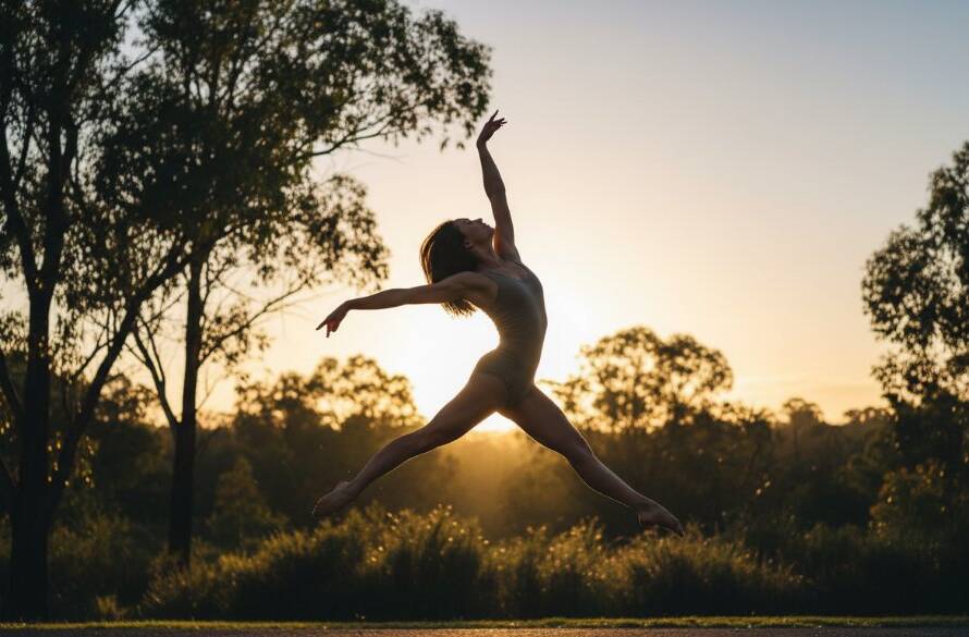 A powerful female contemporary dancer mid-leap, silhouetted against a softly blurred, golden hour backdrop of Donvale's natural bushland, showcasing dynamic contemporary dance photography Donvale Victoria with dramatic lighting and intense focus.