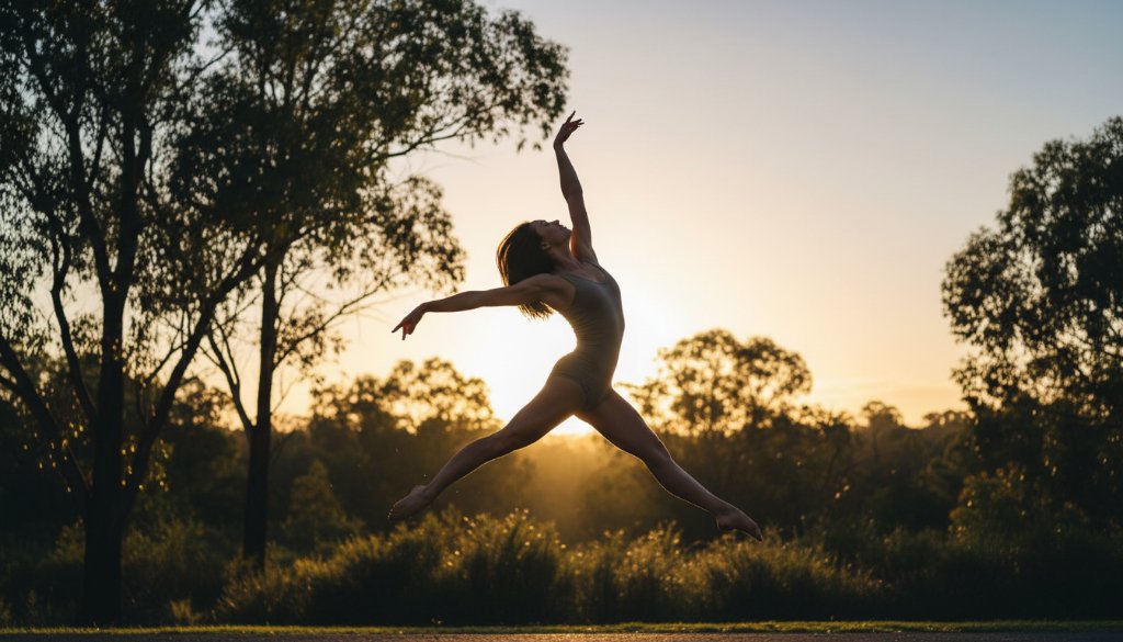 A powerful female contemporary dancer mid-leap, silhouetted against a softly blurred, golden hour backdrop of Donvale's natural bushland, showcasing dynamic contemporary dance photography Donvale Victoria with dramatic lighting and intense focus.