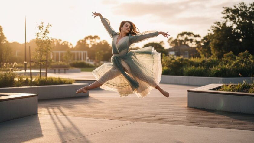 A powerful and dynamic contemporary dance photography Lucas VIC image, featuring a female dancer mid-air in an elegant leap, captured against the modern architectural lines of Lucas, Victoria, with dramatic golden hour lighting highlighting her movement.