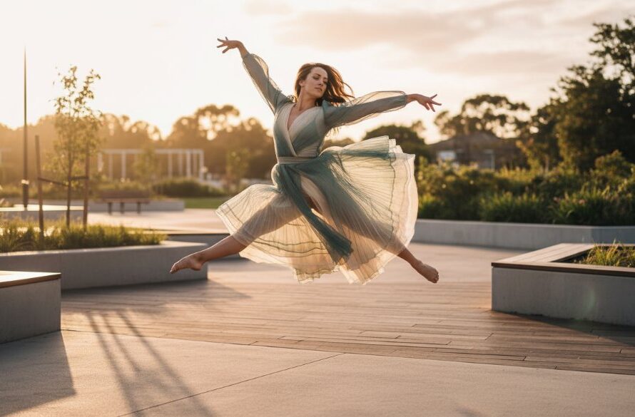 A powerful and dynamic contemporary dance photography Lucas VIC image, featuring a female dancer mid-air in an elegant leap, captured against the modern architectural lines of Lucas, Victoria, with dramatic golden hour lighting highlighting her movement.