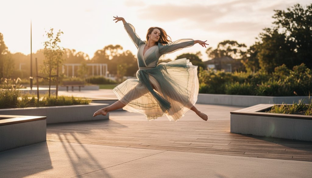 A powerful and dynamic contemporary dance photography Lucas VIC image, featuring a female dancer mid-air in an elegant leap, captured against the modern architectural lines of Lucas, Victoria, with dramatic golden hour lighting highlighting her movement.