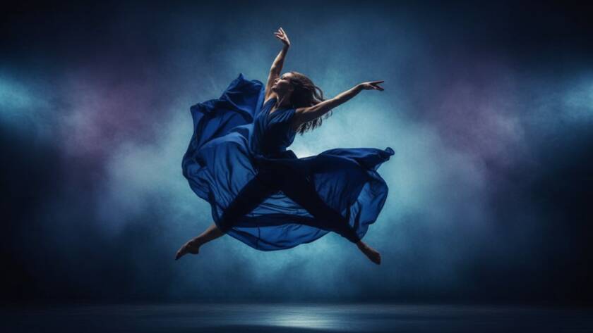 An epic moment captured in dynamic contemporary dance photography Ringwood Victoria, featuring a dancer mid-air in a powerful, graceful leap against a dramatically lit, abstract studio backdrop, with professional color grading.
