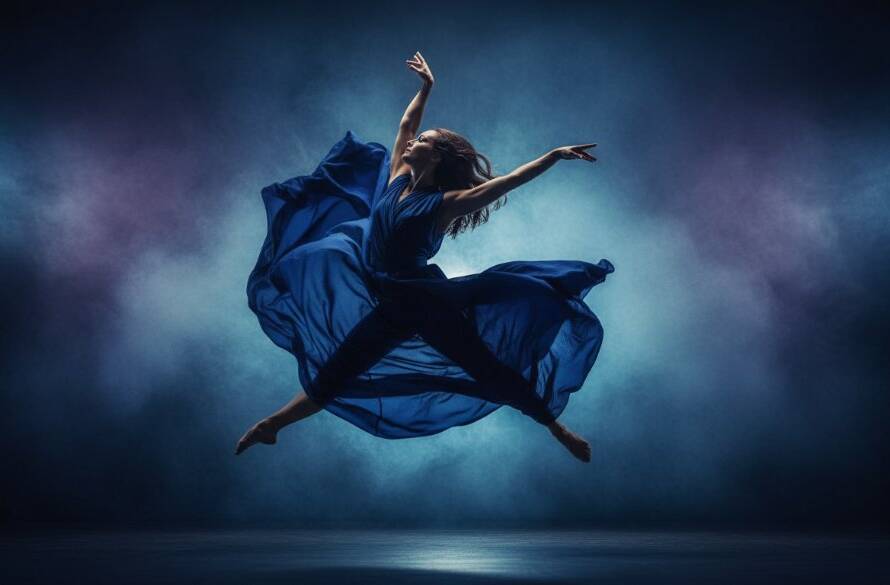An epic moment captured in dynamic contemporary dance photography Ringwood Victoria, featuring a dancer mid-air in a powerful, graceful leap against a dramatically lit, abstract studio backdrop, with professional color grading.