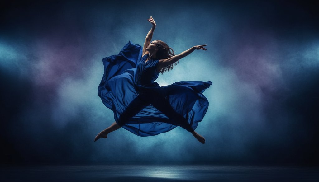 An epic moment captured in dynamic contemporary dance photography Ringwood Victoria, featuring a dancer mid-air in a powerful, graceful leap against a dramatically lit, abstract studio backdrop, with professional color grading.