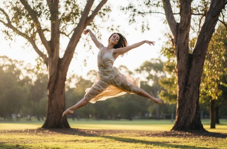 A dynamic contemporary dance photography Surrey Hills Victoria image captures a female dancer mid-leap, silhouetted against a golden hour sunset over a Surrey Hills park, showcasing power and grace.