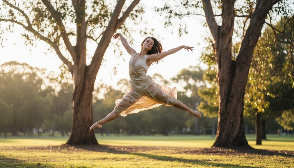 A dynamic contemporary dance photography Surrey Hills Victoria image captures a female dancer mid-leap, silhouetted against a golden hour sunset over a Surrey Hills park, showcasing power and grace.