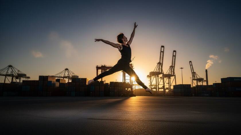 An epic moment captured in dynamic contemporary dance photography Williamstown North, featuring a dancer performing a powerful, gravity-defying leap against a dramatic, moody backdrop of Williamstown North's industrial waterfront at sunset, professionally lit and colour-graded.