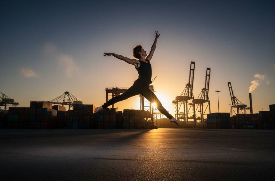 An epic moment captured in dynamic contemporary dance photography Williamstown North, featuring a dancer performing a powerful, gravity-defying leap against a dramatic, moody backdrop of Williamstown North's industrial waterfront at sunset, professionally lit and colour-graded.