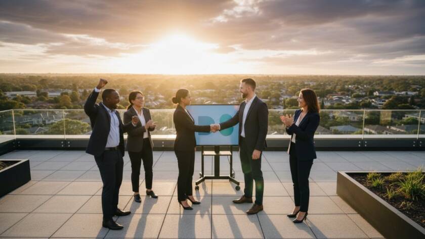 An inspiring wide-angle, low-angle shot of a diverse business team in Wantirna South, Victoria, celebrating a successful project on a modern office rooftop at sunset, showcasing dynamic corporate branding photography with dramatic golden hour light and a sense of achievement.