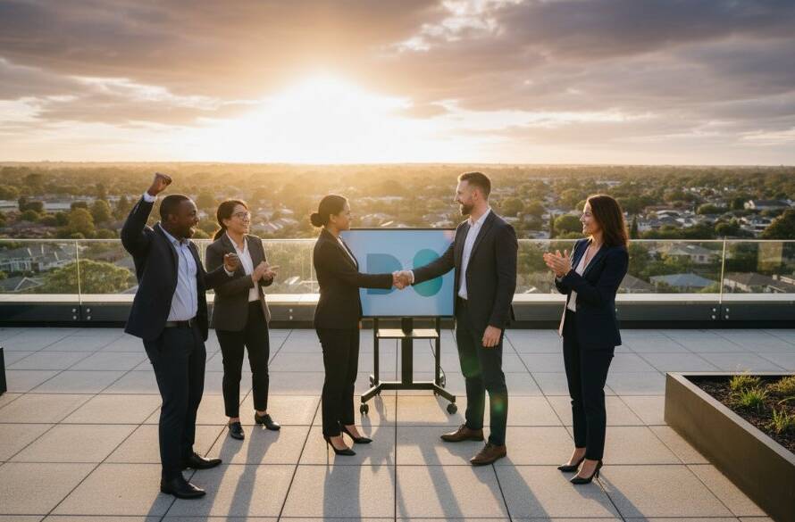 An inspiring wide-angle, low-angle shot of a diverse business team in Wantirna South, Victoria, celebrating a successful project on a modern office rooftop at sunset, showcasing dynamic corporate branding photography with dramatic golden hour light and a sense of achievement.