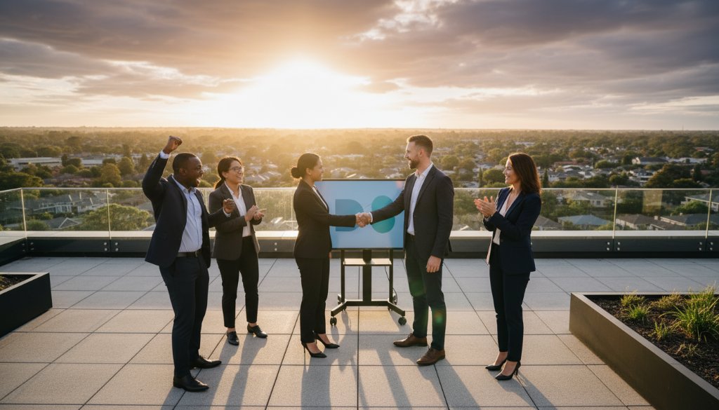 An inspiring wide-angle, low-angle shot of a diverse business team in Wantirna South, Victoria, celebrating a successful project on a modern office rooftop at sunset, showcasing dynamic corporate branding photography with dramatic golden hour light and a sense of achievement.