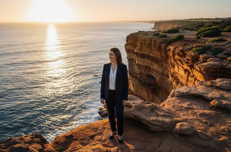 Dynamic corporate headshots Black Rock businesses: A confident female CEO looking out over the Black Rock coastline at sunset, with dramatic, warm light silhouetting her profile against the ocean, conveying leadership and vision.
