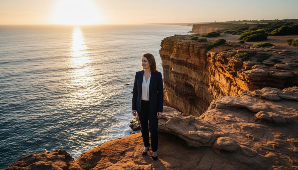 Dynamic corporate headshots Black Rock businesses: A confident female CEO looking out over the Black Rock coastline at sunset, with dramatic, warm light silhouetting her profile against the ocean, conveying leadership and vision.