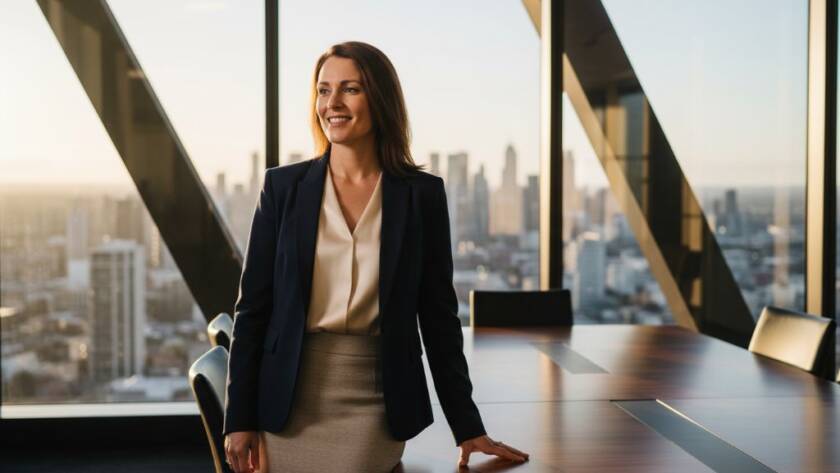 Dramatic, professionally colour-graded photograph of a confident female executive in a modern Caulfield North office space, receiving dynamic corporate headshots Caulfield North professionals can trust, captured with cinematic lighting and a shallow depth of field, embodying success.