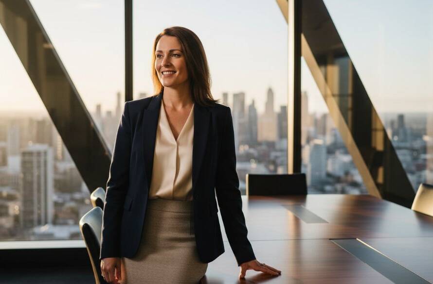 Dramatic, professionally colour-graded photograph of a confident female executive in a modern Caulfield North office space, receiving dynamic corporate headshots Caulfield North professionals can trust, captured with cinematic lighting and a shallow depth of field, embodying success.