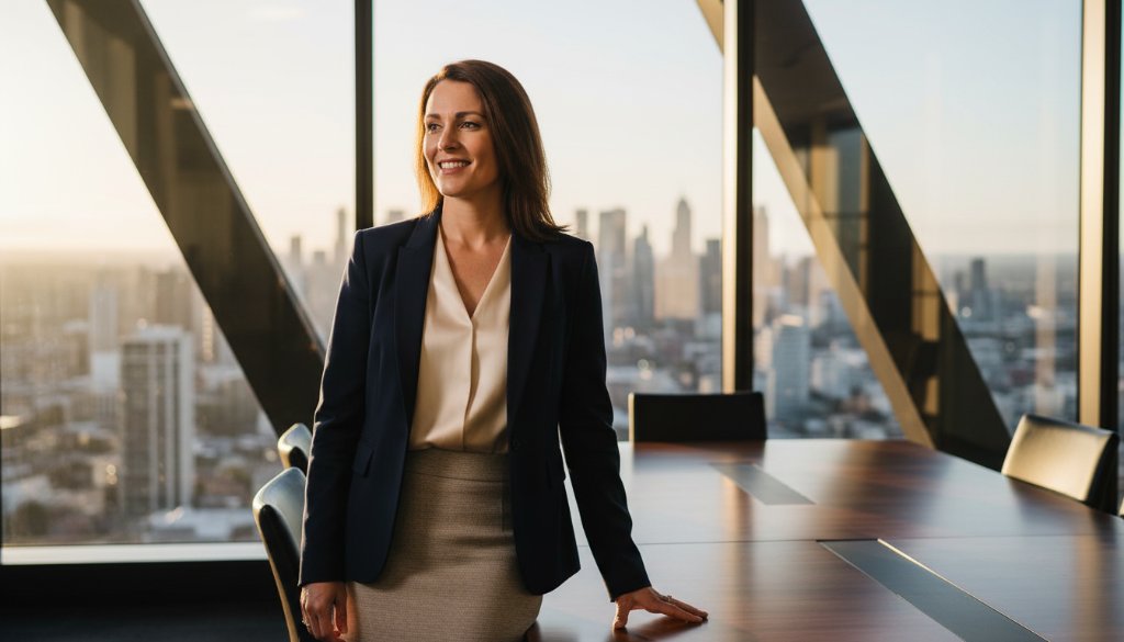 Dramatic, professionally colour-graded photograph of a confident female executive in a modern Caulfield North office space, receiving dynamic corporate headshots Caulfield North professionals can trust, captured with cinematic lighting and a shallow depth of field, embodying success.