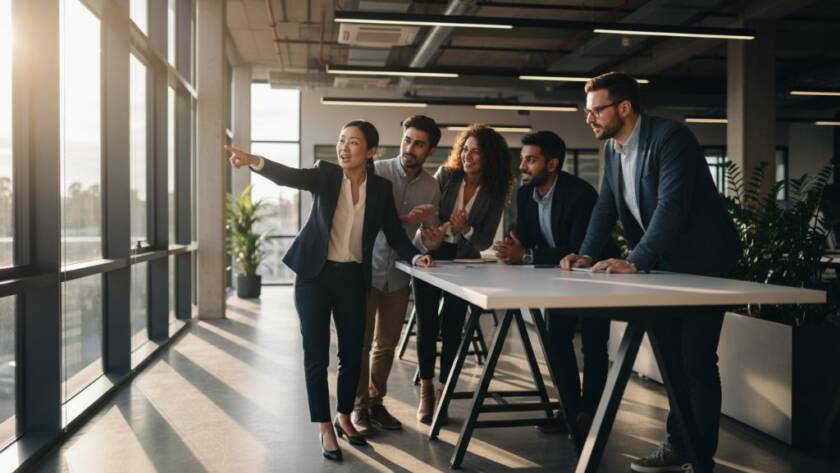 An inspiring, high-impact photograph showcasing a diverse group of dynamic corporate headshots Clayton entrepreneurs in a modern, sunlit office space, captured with professional lighting and rich colour grading.