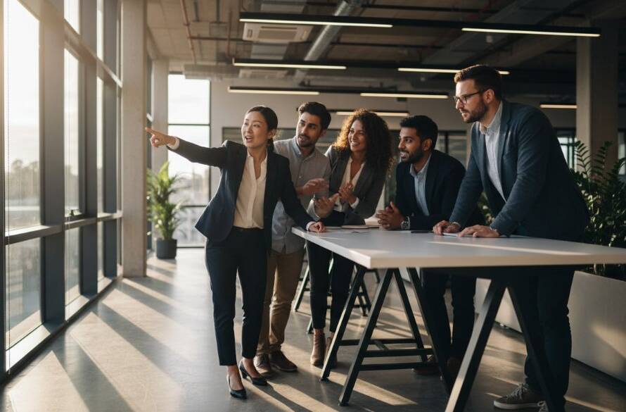 An inspiring, high-impact photograph showcasing a diverse group of dynamic corporate headshots Clayton entrepreneurs in a modern, sunlit office space, captured with professional lighting and rich colour grading.