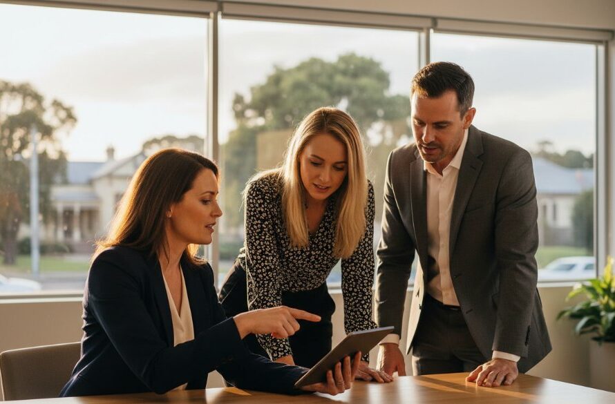A powerful, dynamic corporate headshot of a confident female executive in her early 40s, dressed in a sharp blazer, standing against a softly blurred, modern East Geelong office backdrop with natural light streaming in, conveying professionalism and approachability. The 'Dynamic Corporate Headshots East Geelong Businesses' are showcased with dramatic yet natural lighting.