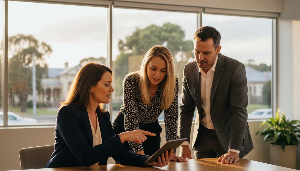 A powerful, dynamic corporate headshot of a confident female executive in her early 40s, dressed in a sharp blazer, standing against a softly blurred, modern East Geelong office backdrop with natural light streaming in, conveying professionalism and approachability. The 'Dynamic Corporate Headshots East Geelong Businesses' are showcased with dramatic yet natural lighting.