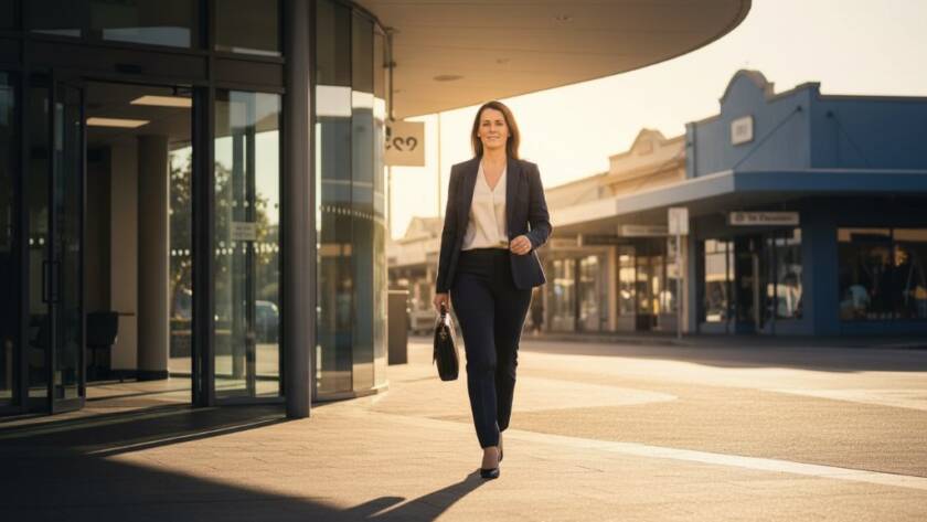 A modern business professional, smiling confidently, is captured in dynamic corporate headshots in Keilor, Victoria, with a blurred backdrop showcasing the vibrant local Keilor village architecture under dramatic, soft studio lighting.