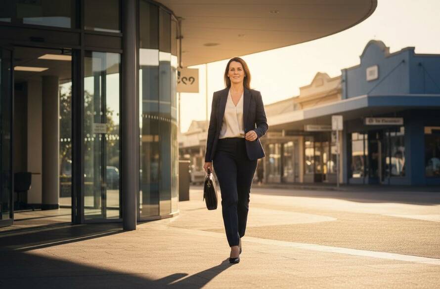 A modern business professional, smiling confidently, is captured in dynamic corporate headshots in Keilor, Victoria, with a blurred backdrop showcasing the vibrant local Keilor village architecture under dramatic, soft studio lighting.