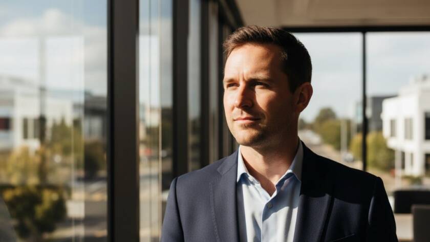 A dynamic corporate headshots Scoresby Victoria photo showing a confident business professional, mid-laugh, in a modern office environment with dramatic backlighting and a blurred city view through a window, exuding professionalism and approachability.