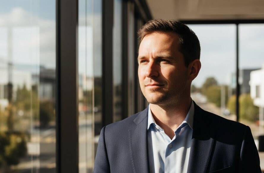 A dynamic corporate headshots Scoresby Victoria photo showing a confident business professional, mid-laugh, in a modern office environment with dramatic backlighting and a blurred city view through a window, exuding professionalism and approachability.