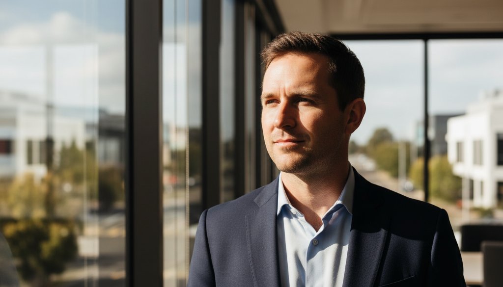 A dynamic corporate headshots Scoresby Victoria photo showing a confident business professional, mid-laugh, in a modern office environment with dramatic backlighting and a blurred city view through a window, exuding professionalism and approachability.