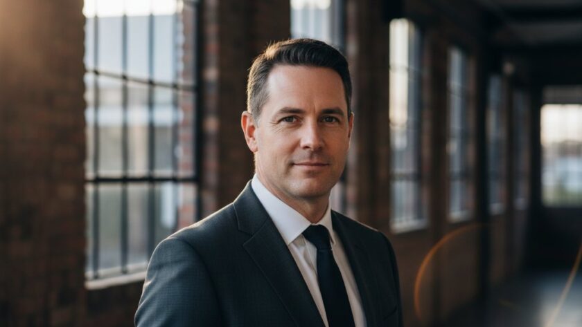 A dynamic corporate headshot of a confident professional in South Geelong, Victoria, looking directly at the camera with a subtle smile. The background shows a modern office space with soft natural light streaming in, creating a professional yet approachable feel. Professional color grading and dramatic lighting highlight their features, capturing an epic moment of professionalism.