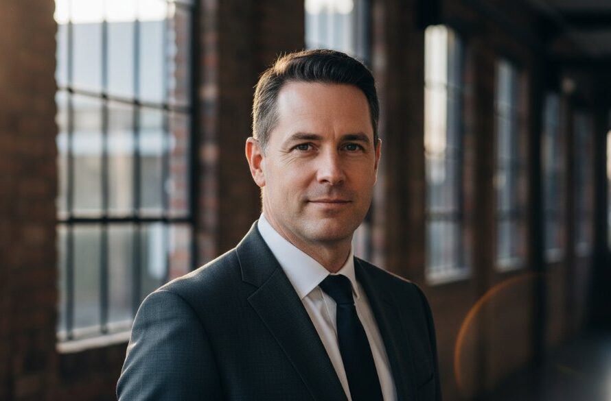 A dynamic corporate headshot of a confident professional in South Geelong, Victoria, looking directly at the camera with a subtle smile. The background shows a modern office space with soft natural light streaming in, creating a professional yet approachable feel. Professional color grading and dramatic lighting highlight their features, capturing an epic moment of professionalism.
