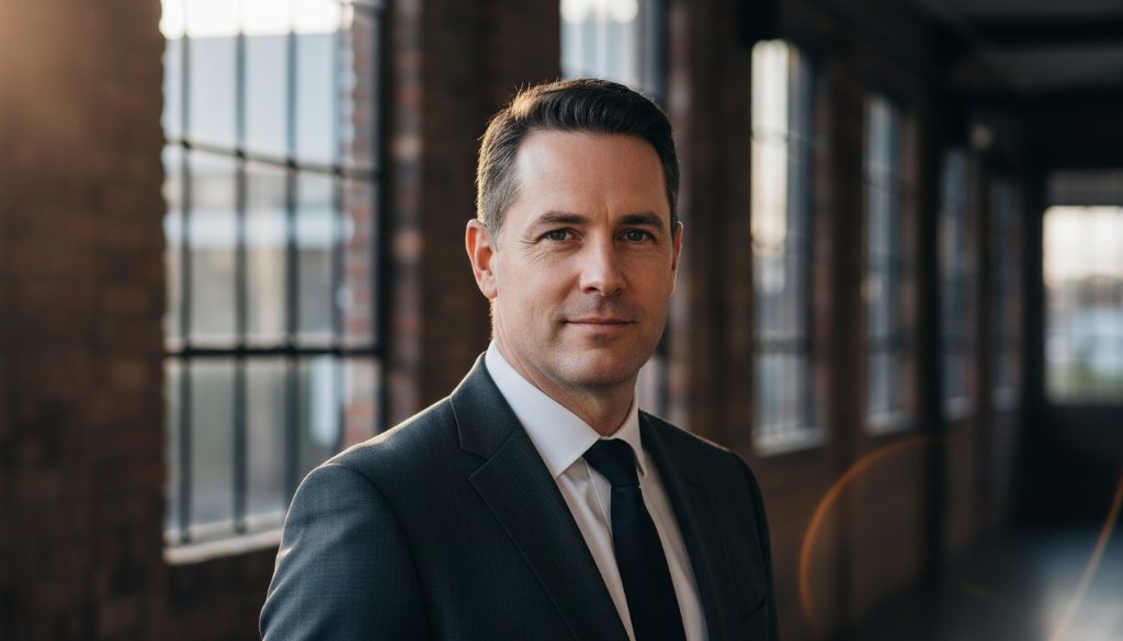 A dynamic corporate headshot of a confident professional in South Geelong, Victoria, looking directly at the camera with a subtle smile. The background shows a modern office space with soft natural light streaming in, creating a professional yet approachable feel. Professional color grading and dramatic lighting highlight their features, capturing an epic moment of professionalism.
