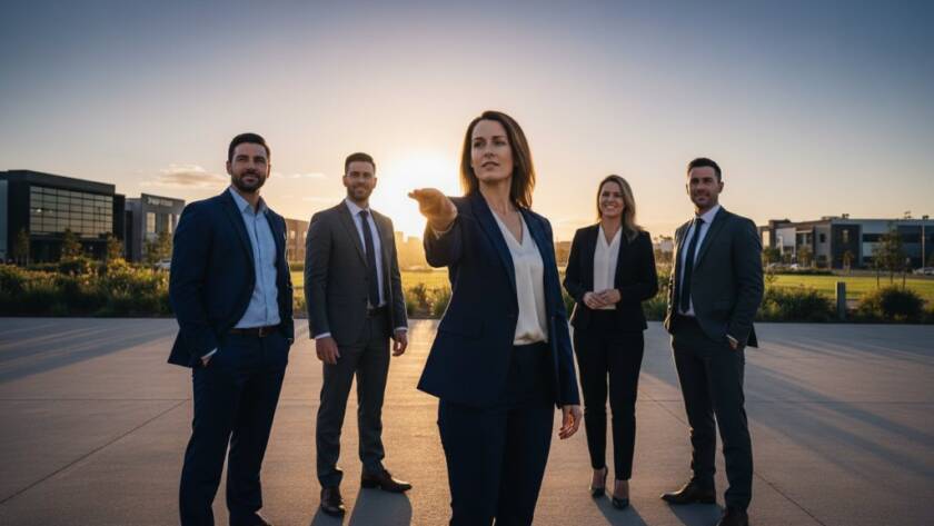 A striking, low-angle, cinematic photograph of a diverse team of professionals in modern business attire, looking confidently towards the future, set against a blurred yet vibrant backdrop representing the industrial and green spaces near Ardeer Train Station, showcasing Dynamic Corporate Photography Solutions Ardeer Businesses can leverage for growth. The scene is bathed in golden hour light, highlighting their determination and unity.