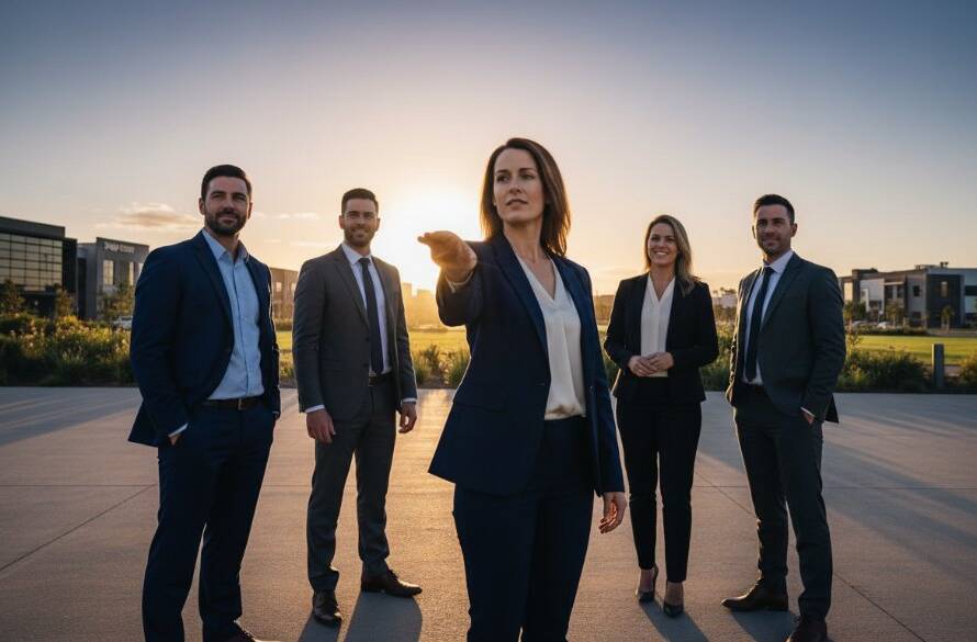A striking, low-angle, cinematic photograph of a diverse team of professionals in modern business attire, looking confidently towards the future, set against a blurred yet vibrant backdrop representing the industrial and green spaces near Ardeer Train Station, showcasing Dynamic Corporate Photography Solutions Ardeer Businesses can leverage for growth. The scene is bathed in golden hour light, highlighting their determination and unity.